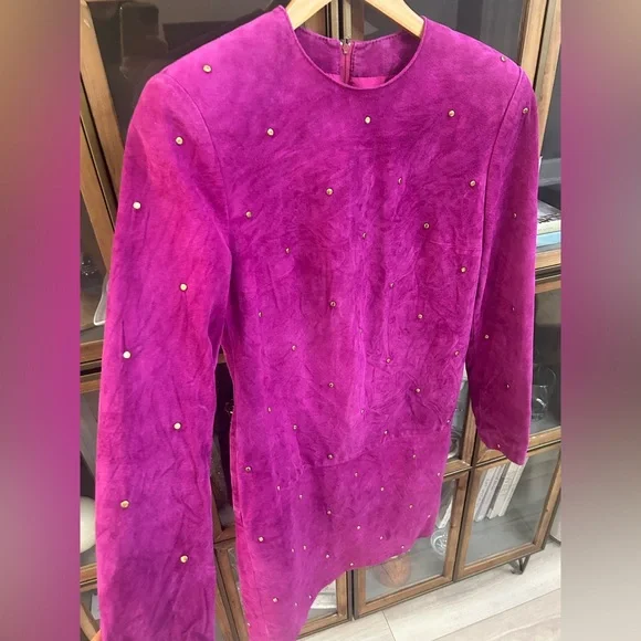 Vintage Daniel Leather Long Sleeve Fuchsia Suede Shift Dress with Stud Detail - Picture 4 of 13